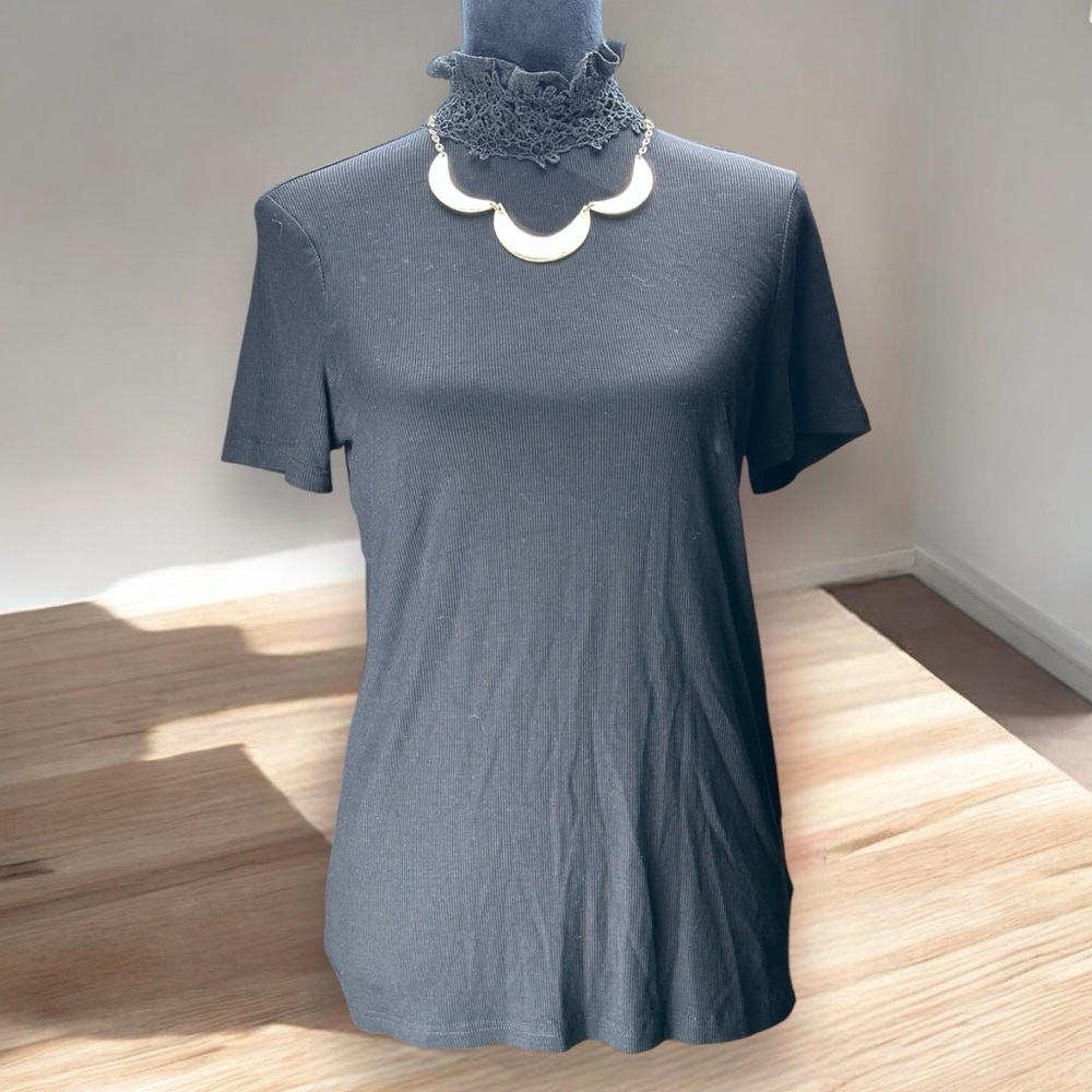 White Birch Wmns Mock Turtleneck Short Sleeved Ribbed Material Crochet Accent SM